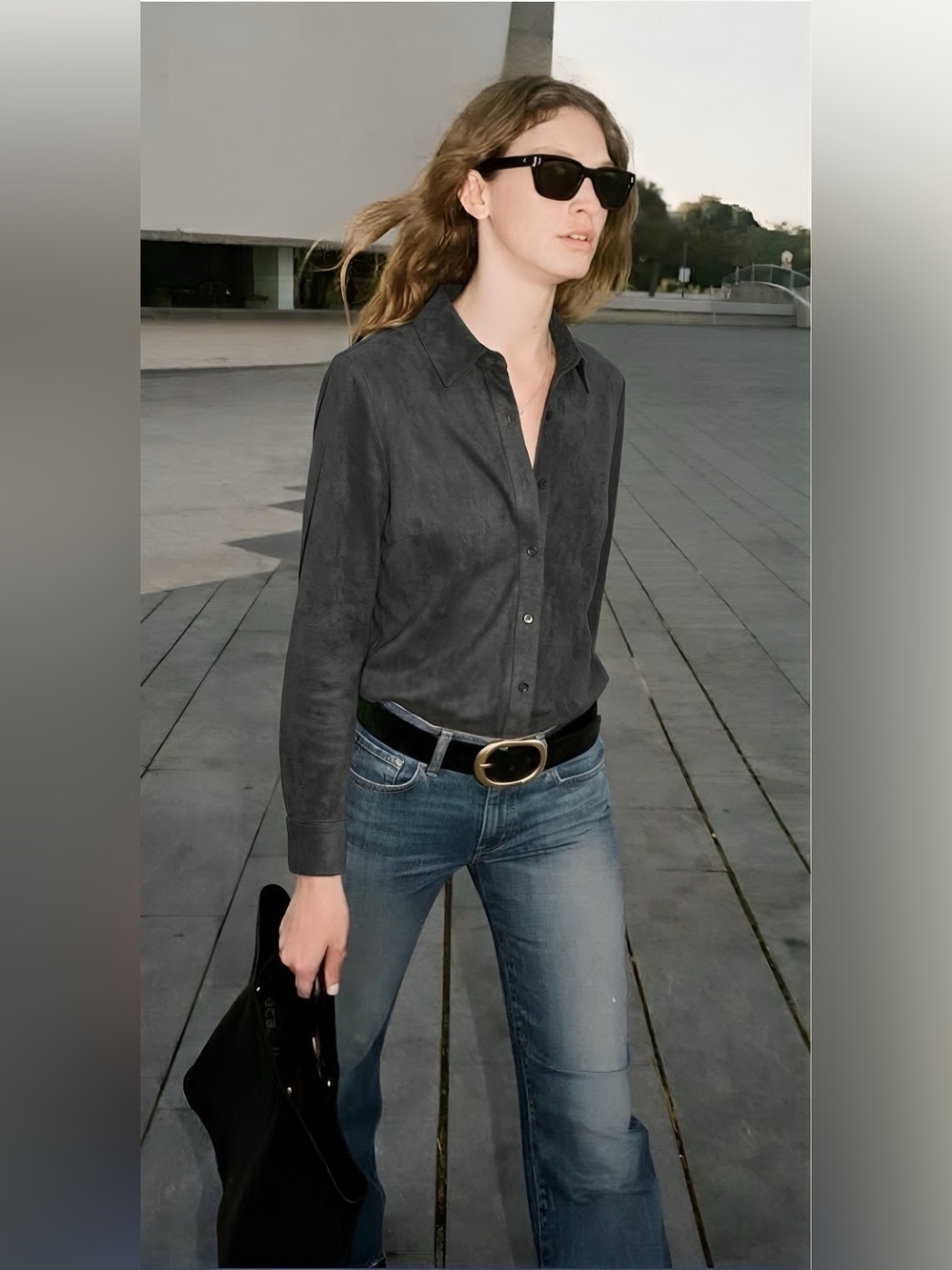 VINTAGE Faux Suede Black Button Down Shirt w Laser Cut Out Pattern on the Hem
